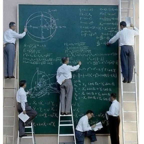 Men on ladders at a giant chalkboard of equations.