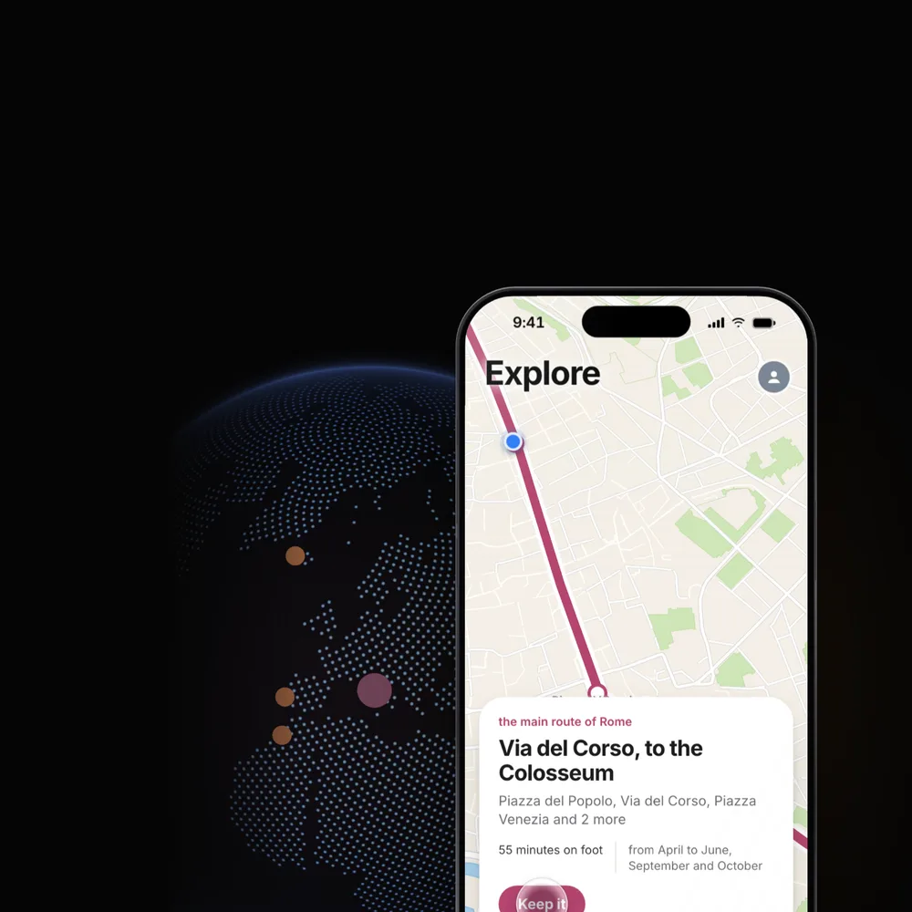 A phone with a route lit across Rome, a globe behind it in the dark