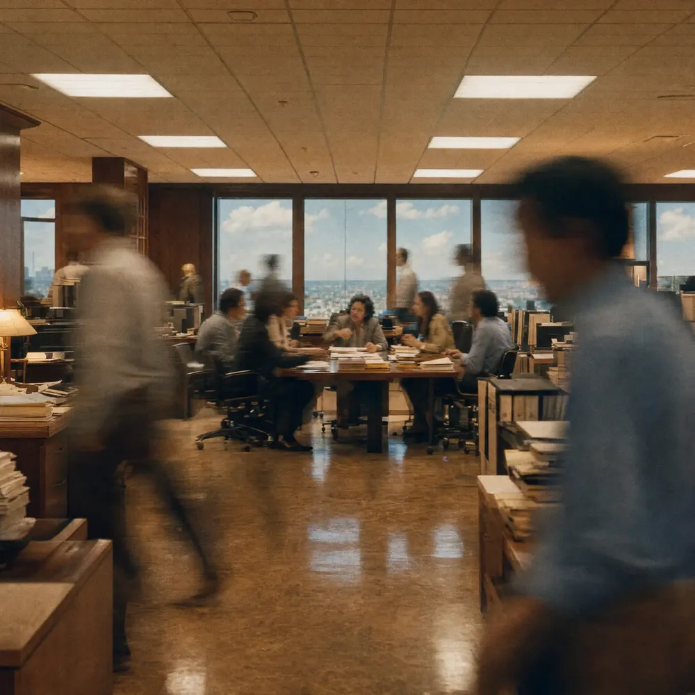A table covered in files in an open office, people walking past in a blur